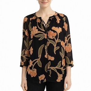 Les Serein Floral Black and Orange Blouse Top